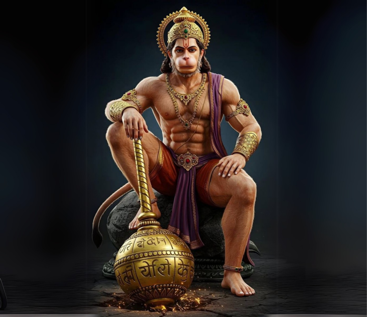 Lord Hanuman Sitting on a rock inside a cave.